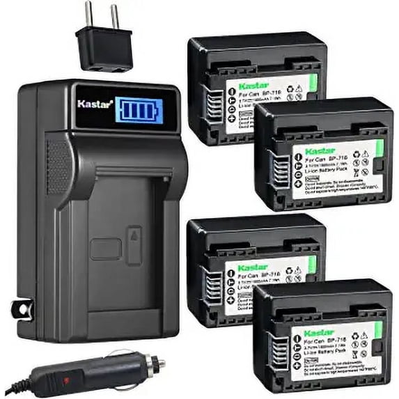 Kastar 4-Pack BP-718 Battery and LCD AC Charger Compatible with Canon VIXIA HF R60 HFR60, VIXIA HF R62 HFR62, VIXIA HF R70 HFR70, VIXIA HF R72 HFR72, VIXIA HF R80 HFR80, VIXIA HF R82 HFR82 Cameras