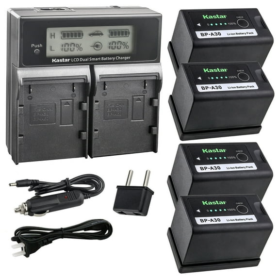 Kastar 4-Pack BP-A30 Battery and AC LCD Dual Fast Charger Compatible with Canon XF605 4K UHD, Canon XF705 4K UHD, EOS C200, EOS C200B, EOS C220B, EOS C300 Mark II PL Cinema EOS Camera