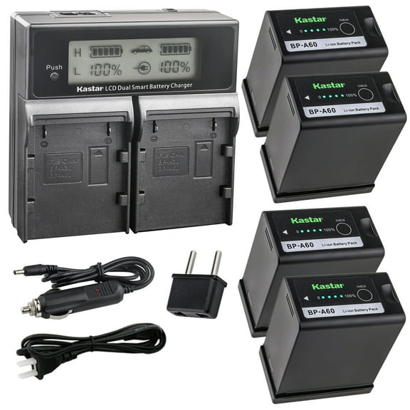 Kastar 4-Pack BP-A60 Battery and AC LCD Dual Fast Charger Compatible with Canon EOS C70 Cinema Camera (RF Lens Mount), EOS C700 PL 4K Cinema PL C 700 Camcorder, Canon XF605 4K UHD, Canon XF705 4K UHD