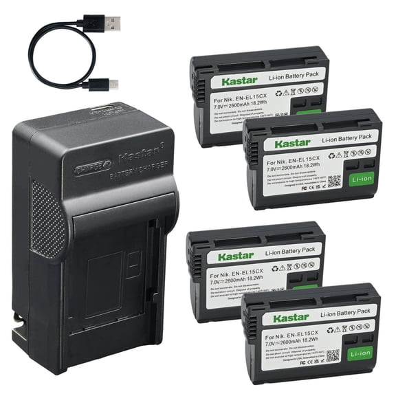 Kastar 4-Pack Battery and AC & USB-C Charger, Compatible with Nikon EN-EL15 EN-EL15a EN-EL15b EN-EL15c MH-25, Works with Z5II Z6III Z7II Z8 Z9 Zf D500 D600 D610 D750 D780 D800 D810 D850 Cameras