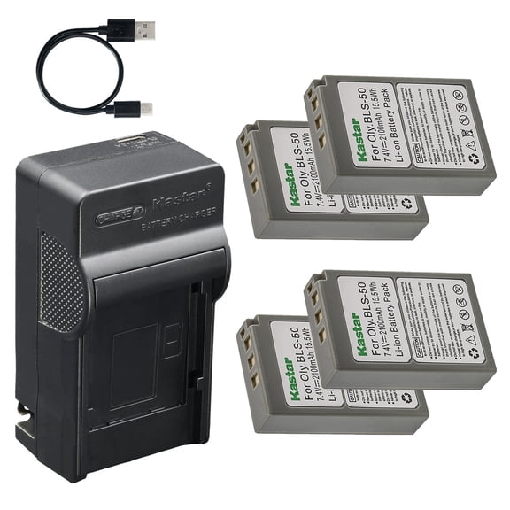Kastar 4-Pack Battery and AC & USB-C Charger, Compatible with Olympus BLS-50, PEN E-P/E-PL/E-PM Series, OM-D E-M10 II/III/IV, OM-D E-M5 Mark III, OM-5, Stylus 1/1s, and E-System E-400–E-620 Camera