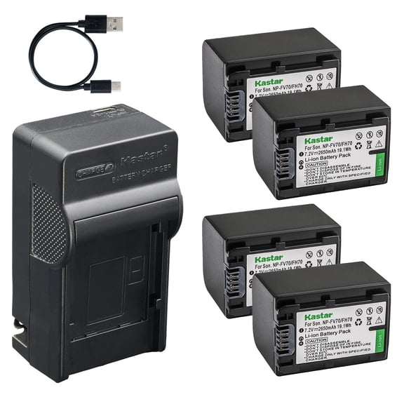 Kastar 4-Pack Battery and AC & USB-C Charger, Compatible with Sony NP-FH30 FH40 FH50 FH60 FH70 FH90 FH100, HDR-SR HDR-TG HDR-UX HDR-XR HDR-CX DCR-HC DCR-SR DCR-SX Handycam Series