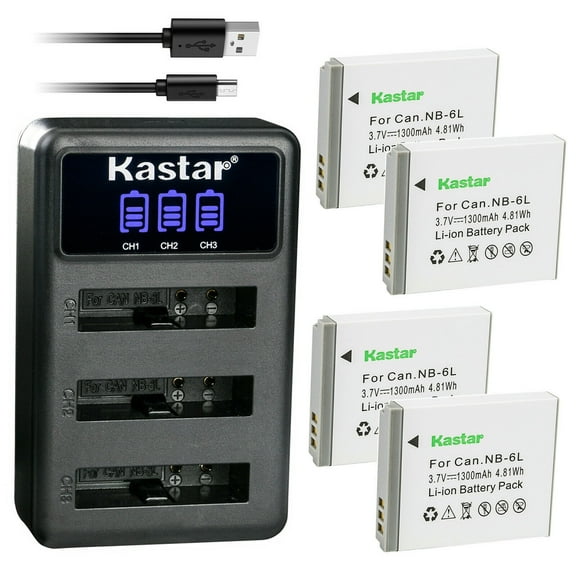Kastar 4 Pack Battery and LCD Triple USB Charger Compatible with Canon NB-6L NB-6LH, Canon PowerShot SX520 HS, PowerShot SX530 HS, PowerShot SX540 HS, PowerShot SX600 HS, PowerShot SX610 HS Camera