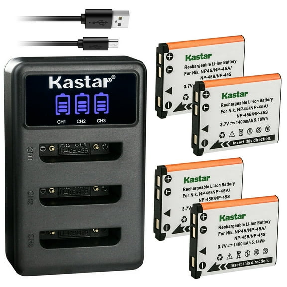 Kastar 4 Pack Battery and LCD Triple USB Charger Compatible with Fujifilm NP-45 NP-45A NP-45B NP-45S, Fujifilm BC-45 BC-45B, Fujifilm FinePix J10 J12 J15 J15fd J20 J25 J26 J27 J28 J29 J30 J32 J35 J38