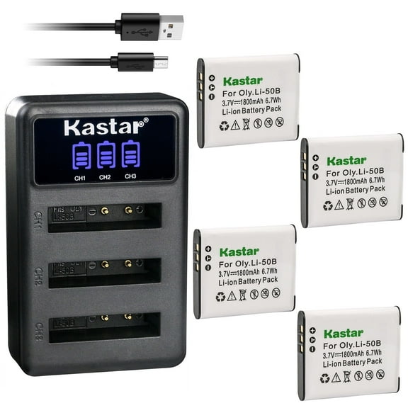 Kastar 4 Pack Battery and LCD Triple USB Charger Compatible with Olympus Li-50B Battery, Li-50C Charger, Olympus XZ-1, XZ-10, Tough 6000, Tough 6010, Tough 8000, Tough 8010, D-750, D-755, D-760