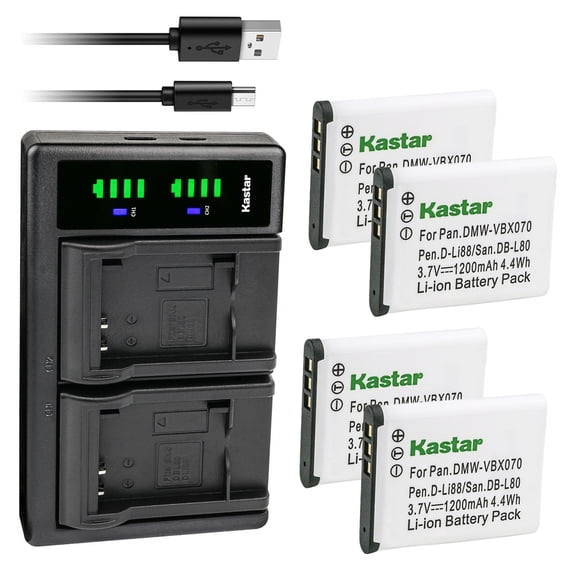 Kastar 4-Pack Battery and LTD2 USB Charger Compatible with Pentax D-LI88 DLI88 Battery, Pentax Optio H90, Optio P70, Optio P80, Optio W90, Optio WS80 Digital Cameras