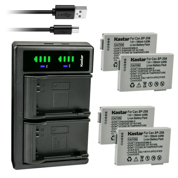 Kastar 4-Pack Battery and LTD2 USB Charger Replacement for Canon BP-208 BP208 BP-208DG Battery, Canon DC10, DC19, DC20, DC21, DC22, DC40, DC50, DC51, DC95, DC100, DC200, DC201, DC210, DC211 Cameras