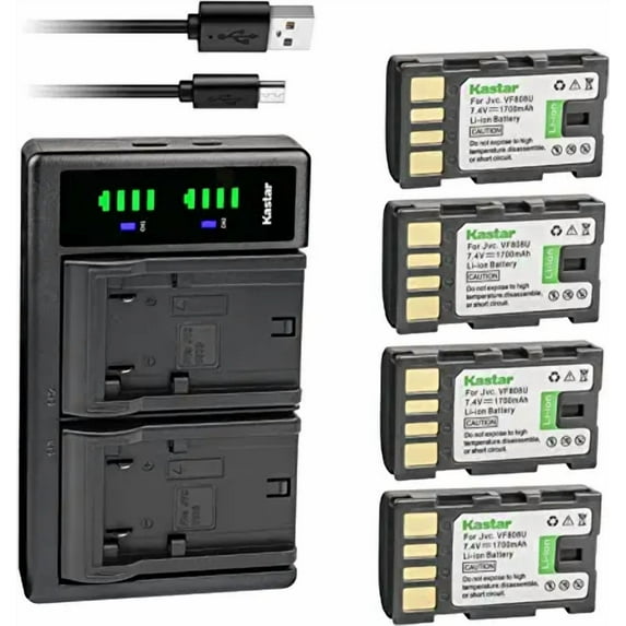 Kastar 4-Pack Battery and LTD2 USB Charger Replacement for JVC GZ-MG130EK GZ-MG130EX GZ-MG130U GZ-MG130US GZ-MG131 GZ-MG131EK GZ-MG131EX GZ-MG131US GZ-MG132 GZ-MG132EK GZ-MG132EX GZ-MG132US