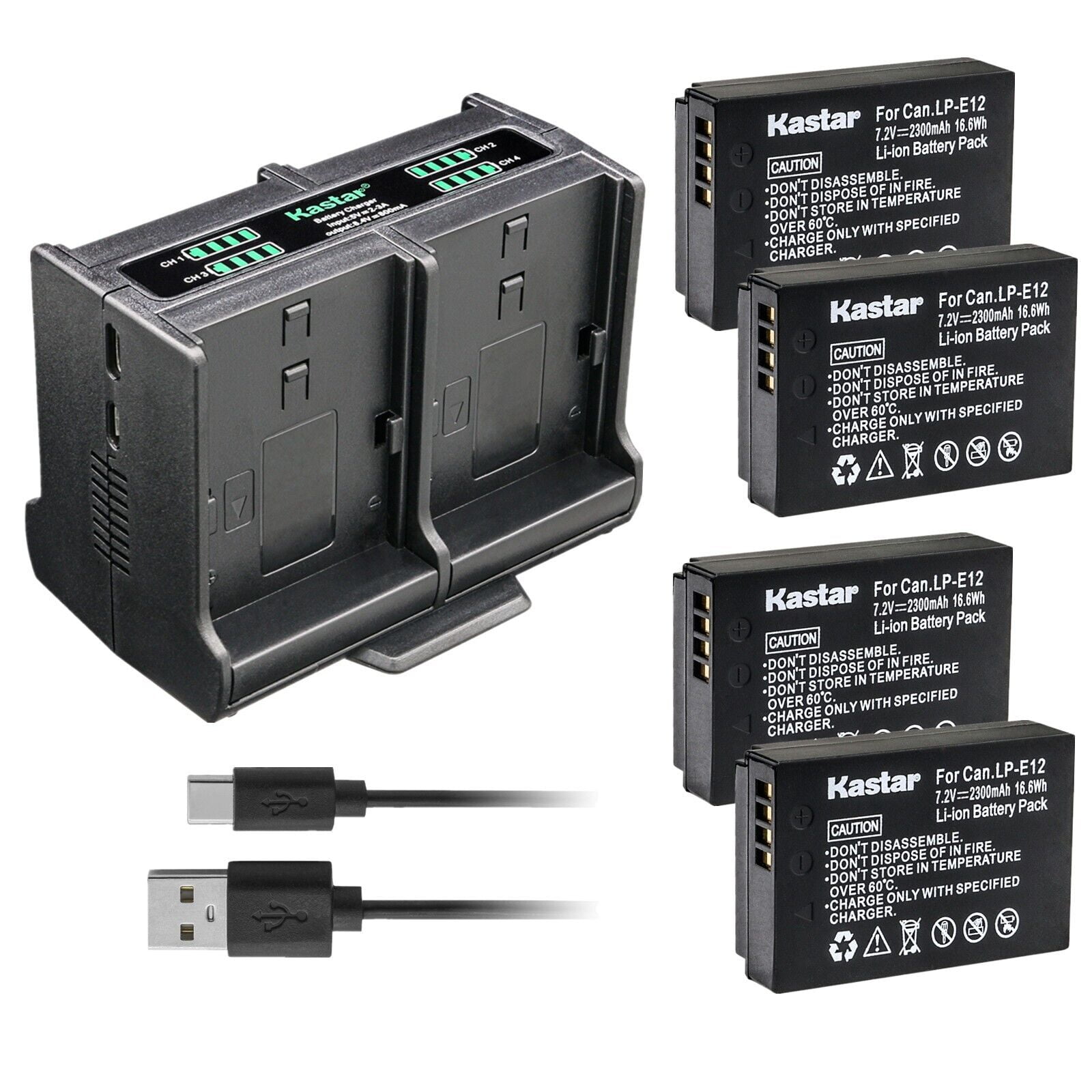 Kastar 2-Pack LP-E12 Battery & LCD AC Charger For Canon EOS M100, M200, Rebel SL1, SX70 HS