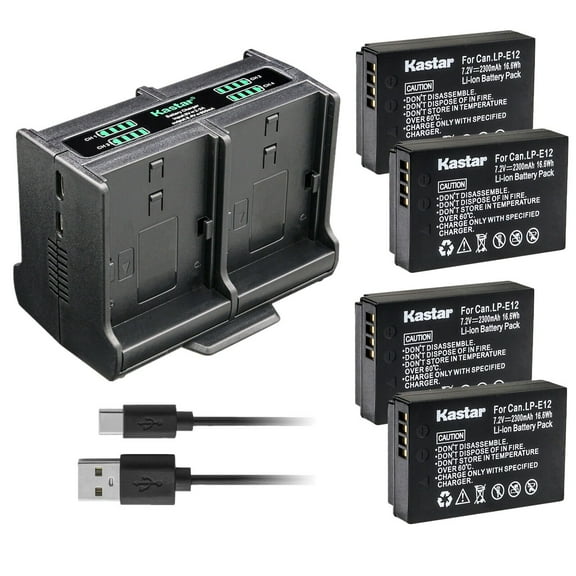 Kastar 4-Pack Battery and Quadruple Charger Compatible with Canon LP-E12 LPE12 Battery, Canon LC-E12 LC-E12E Charger, Canon EOS 100D EOS M M2 M10 M50 Mark2 M100 M200 Rebel SL1 PowerShot SX70 HS Camera
