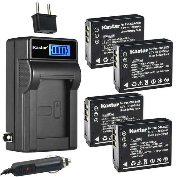 Kastar 4-Pack CGA-S007 Battery and LCD AC Charger Compatible with Panasonic LUMIX DMC-TZ5S, LUMIX DMC-TZ11, LUMIX DMC-TZ15, LUMIX DMC-TZ50, LUMIX DMC-TZ50K, LUMIX DMC-TZ50S, CGR-S007, DMW-BCD10