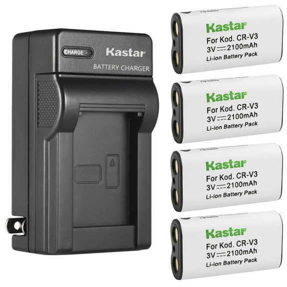Kastar 4-Pack CR-V3 Battery and AC Wall Charger Replacement for Kodak CR-V3, CR-V3P, CRV-3, CRV3L, CR-V3L, DLCRV3, DLCR-V3, DLCRV3B, ELCRV3, KCR-V3, KCRV3, KCRV3-1, KITCRV3, PRCR-V3, PRCR-V3R