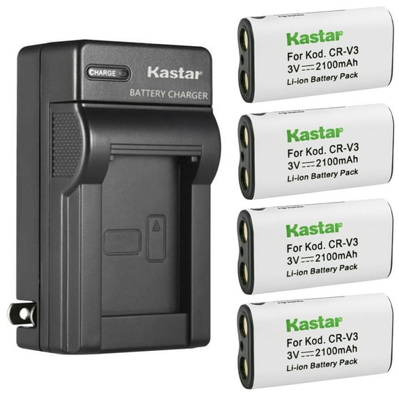 Kastar 4-Pack CR-V3 Battery and AC Wall Charger Replacement for Kodak EasyShare CX4200, CX4210, CX4230, CX4300, CX4310, CX6200, CX6230, CX6330, CX7220, CX6445, CX7300, CX7310, CX7330, CX7430