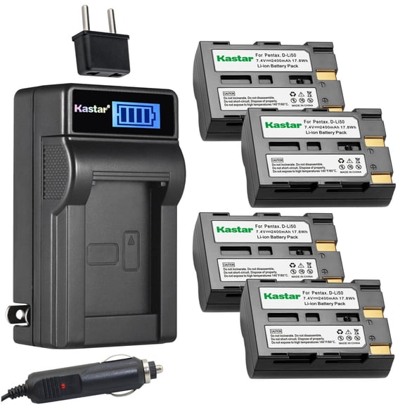 Kastar 4-Pack D-LI50 Battery and LCD AC Charger Compatible with Pentax D-Li50 Battery, Pentax D-BC50 Charger, PENTAX K10, K10D, K10D GP, K10D Grand Prix, K20D Digital Cameras