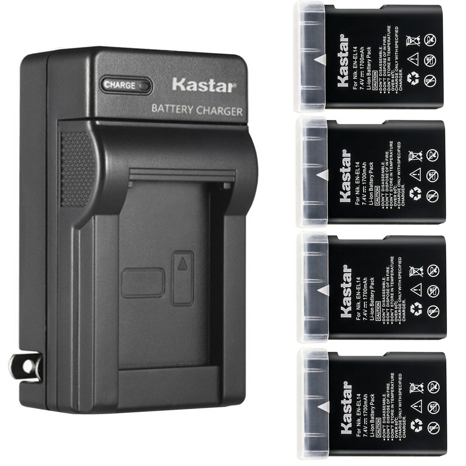 Kastar 4-Pack EN-EL14 Battery and AC Wall Charger Replacement for Nikon DF BG-2P 905-19045-00000-01, D3100/D3200/D3300, BG-2F 905-19021-00000-01, D3400, BG-2V 905-19050-00000-01, D5100/D5200/D5300
