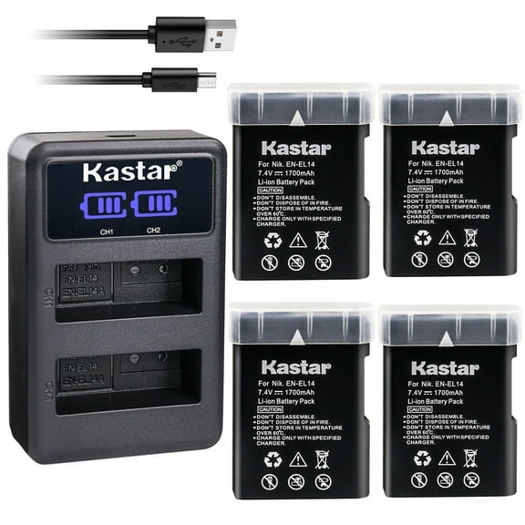 Kastar 4-Pack EN-EL14 Battery and LED2 USB Charger Compatible with Nikon D5100 DSLR Camera, D5200 DSLR Camera, D5300 DSLR Camera, D5500 DSLR Camera, D5600 DSLR Camera, Df DSLR Camera