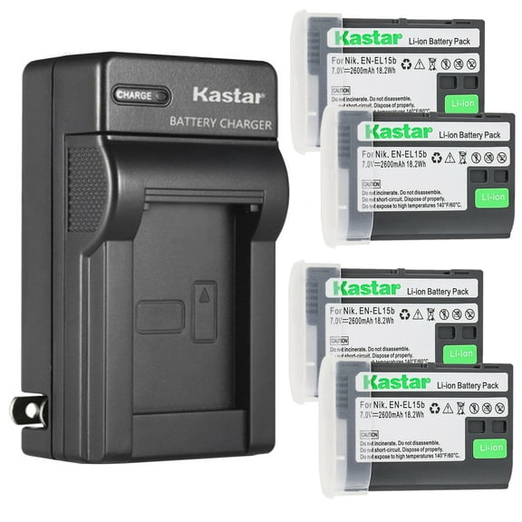 Kastar 4-Pack EN-EL15b Battery and AC Wall Charger Replacement for Nikon D7000, D7100, D7200, D7500, Z 6, Z6, Z 7, Z7, Z 7 Q3, Z7Q3, 1 V1, D500, D600, D610, D750, D780 Digital Camera
