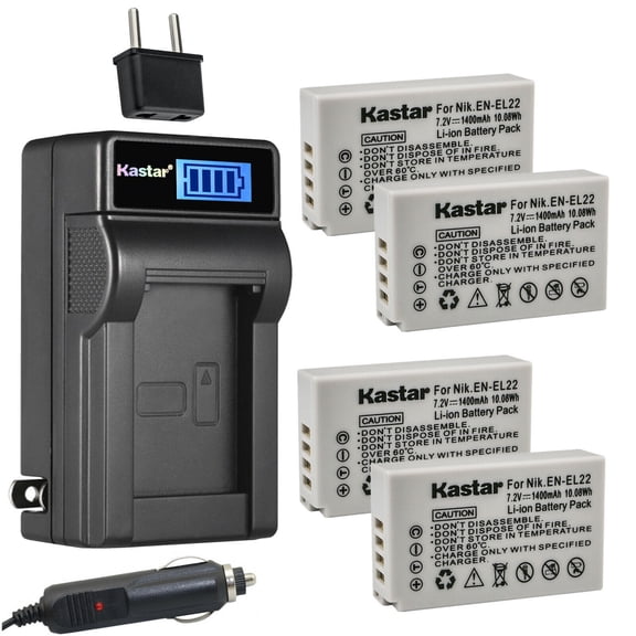 Kastar 4-Pack EN-EL22 Battery and LCD AC Charger Compatible with Nikon EN-EL22 ENEL22 Battery, Nikon MH-29 MH29 Charger, Nikon 1 J4, 1J4 Digital Camera, Nikon 1 S2, 1S2 Digital Camera