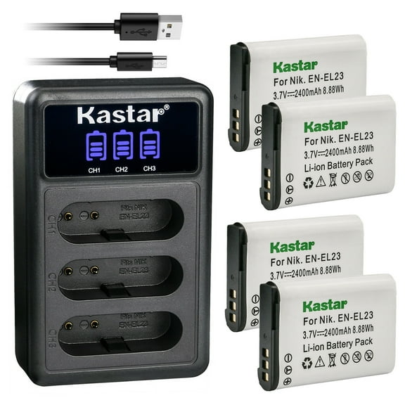 Kastar 4 Pack EN-EL23 Battery and LCD Triple USB Charger Compatible with Nikon EN-EL23 ENEL23 Battery, Nikon MH-67 MH-67P Charger, Nikon Coolpix B700, Coolpix P600, Coolpix P610 Camera