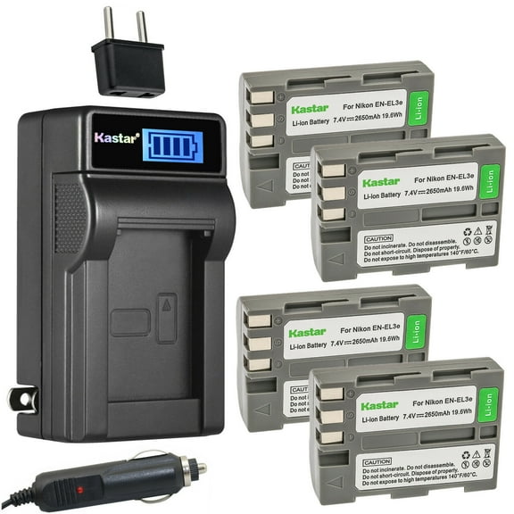 Kastar 4-Pack EN-EL3e Battery and LCD AC Charger Compatible with Nikon ENEL3e, ENEL3a, ENEL3 Battery, Nikon D700, Nikon D80, Nikon D90 Digital SLR Camera, Nikon MB-D10, Nikon MB-D80 Battery Grip