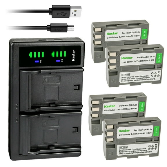 Kastar 4-Pack EN-EL3e Battery and LTD2 USB Charger Replacement for Nikon EN-EL3e, EN-EL3a, EN-EL3 Battery, Nikon MH-18, MH-18a, MH-19 Charger, Nikon D80, D90 Camera, Nikon MB-D10, MB-D80 Battery Grip