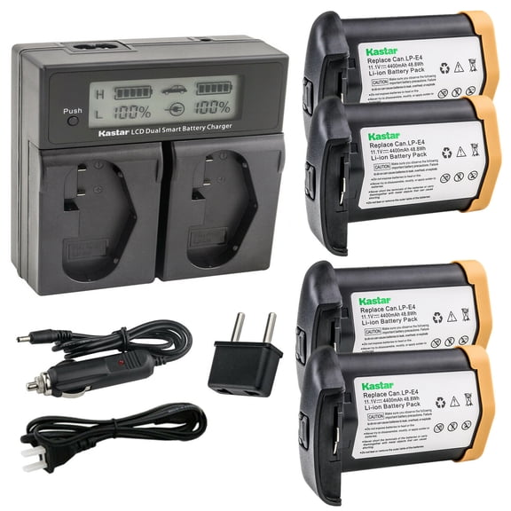 Kastar 4-Pack LPE4 Battery 11.1V 4400mAh and AC LCD Dual Fast Charger Compatible with Canon EOS 1D C, EOS 1D X, EOS 1D X Mark II, Mark 2, EOS 1D Mark III, Mark 3, EOS 1Ds Mark III, Mark 3 Camera