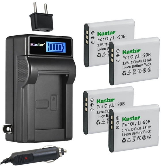 Kastar 4-Pack Li-90B Li-92B Battery and LCD AC Charger Compatible with Olympus Stylus SH-1, Stylus SH-2, Stylus SH-3, Stylus SH-50, Stylus SH-60, Stylus SP-100, Stylus SP-100 IHS, Stylus SP-100EE