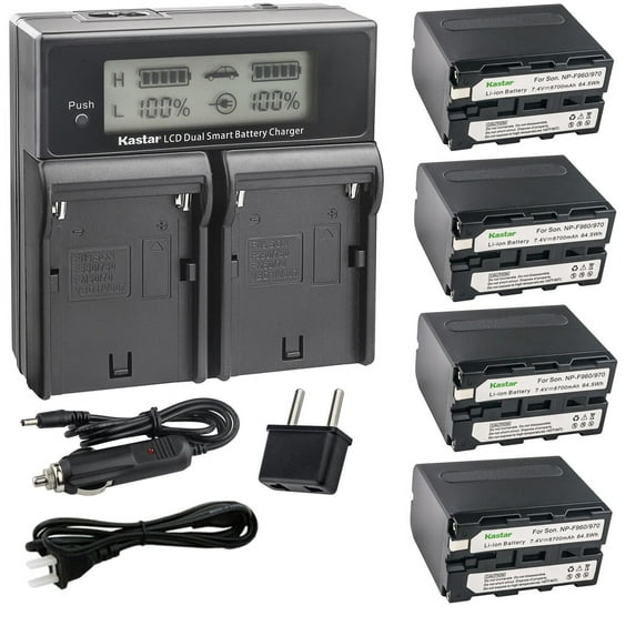 Kastar 4-Pack NP-F970 Battery and CH04 Dual Fast Charger Compatible with Sony NP-F930 NP-F950 NP-F960 NP-F970 NP-F970Pro NP-F980 NP-F980Pro NP-F980Exp NP-F990 NP-F990Pro NP-F990Exp Battery