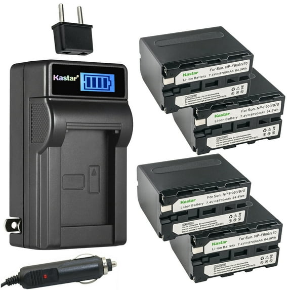 Kastar 4-Pack NP-F970 Battery and LCD AC Charger Compatible with Sony MVC-FD91 MVC-FD92 MVC-FD95 MVC-FD97 NP-F330 NP-F550 NP-F570 NP-F730 NP-F750 NP-F770NP-F930 NP-F950 NP-F960 NP-F970 NP-F990