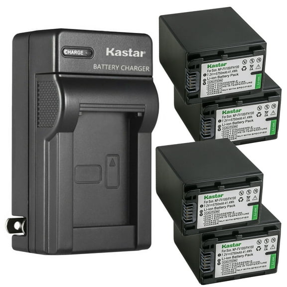 Kastar 4-Pack NP-FH100 Battery and AC Wall Charger Replacement for Sony DCR-DVD850, DCR-DVD905, DCR-DVD908, DCR-DVD910, DCR-DVD920, DCR-HC16, DCR-HC17, DCR-HC18, DCR-HC19, DCR-HC20, DCR-HC21 Camcorder