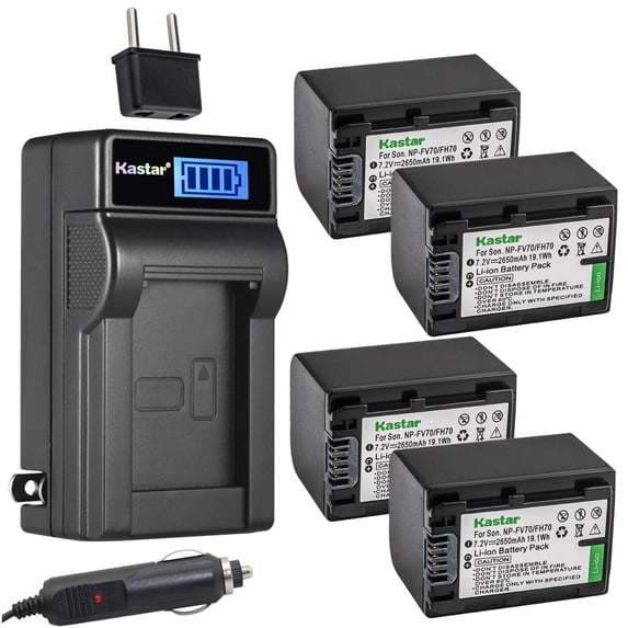 Kastar 4-Pack NP-FH70 Battery and LCD AC Charger Compatible with Sony HDR-SR10 HDR-SR100 HDR-SR11 HDR-SR12 HDR-SR200 HDR-SR220 HDR-SR30 HDR-SR300 HDR-SR40 HDR-SR42 HDR-SR45 HDR-SR47 HDR-SR5