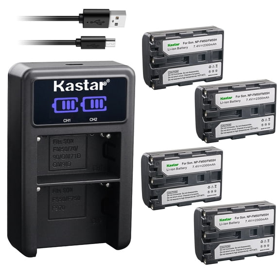 Kastar 4-Pack NP-FM50/FM55 Battery and LED2 USB Charger Compatible with Sony DCR-TRV325 DCR-TRV330 DCR-TRV340 DCR-TRV350 DCR-TRV355 DCR-TRV360 DCR-TRV380 DCR-TRV430 DCR-TRV460 DCR-TRV480 Camera