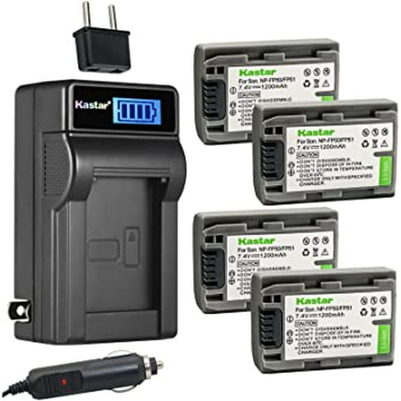 Kastar 4-Pack NP-FP50 / FP51 Battery and LCD AC Charger Compatible with Sony DCR-HC18, DCR-HC19, DCR-HC20, DCR-HC21, DCR-HC22, DCR-HC23, DCR-HC24, DCR-HC26, DCR-HC30, DCR-HC32, DCR-HC33, DCR-HC35