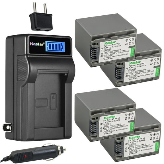 Kastar 4-Pack NP-FP90 NP-FP91 Battery and LCD AC Charger Compatible with Sony NP-FP30, NP-FP50 NP-FP51, NP-FP60, NP-FP70 NP-FP71, NP-FP90 NP-FP91 Battery, Sony BC-TRP/TRH/TRV, BC-VH1, AC-VQH10 Charger
