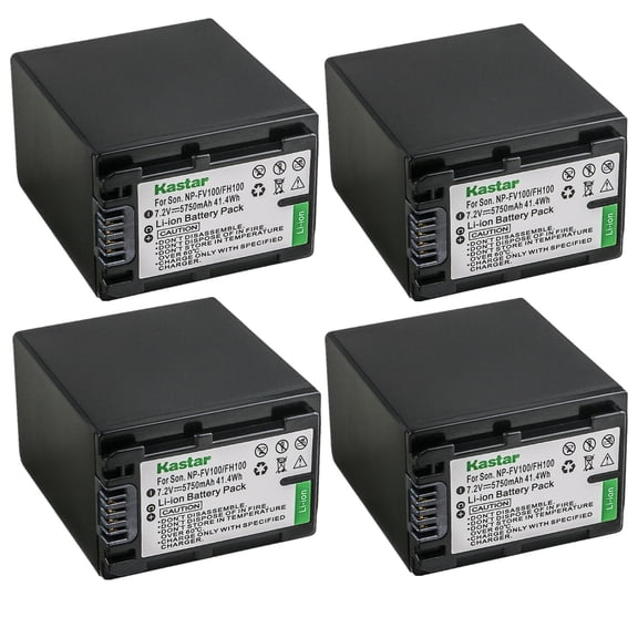 Kastar 4-Pack NP-FV100 Battery 7.2V 5750mAh Replacement for Sony NP-FV30, NP-FV40, NP-FV50, NP-FV70, NP-FV70A, NP-FV90, NP-FV100 Battery, Sony BC-TRV, BC-VH1, AC-VQH10 Charger