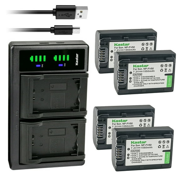 Kastar 4-Pack NP-FV50 Battery and LTD2 USB Charger Replacement for Sony HDR-CX350 HDR-CX360 HDR-CX370 HDR-CX380 HDR-CX390 HDR-CX400 HDR-CX410 HDR-CX430 HDR-CX455 HDR-CX510 HDR-CX540 HDR-CX550 Camera