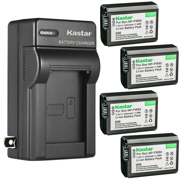 Kastar 4-Pack NP-FW50 Battery and AC Wall Charger Replacement for Sony ILCE-5000, alpha α5000, a5000, ILCE-5100, alpha α5100, a5100, ILCE-6000, alpha α6000, a6000, ILCE-6100, alpha α6100, a6100 Camera