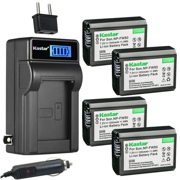 Kastar 4-Pack NP-FW50 Battery and LCD AC Charger Compatible with Sony Cyber-shot DSC-RX10 IV, Cyber-shot DSC-RX10M4, ILCE-3000, alpha α3000, a3000, ILCE-5000, alpha α5000, a5000 Cameras