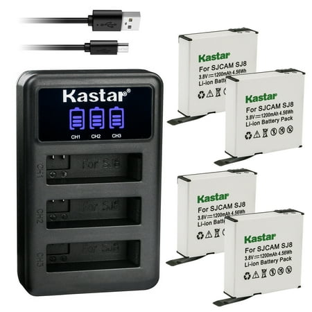 Kastar 4 Pack SJ8 Battery and LCD Triple USB Charger Compatible with SJCAM SJ8 Star, SJCAM SJ8B Battery, SJCAM SJ8 Star 4K Ultra HD Action Camera, SJCAM SJ8 Star Sport Camera