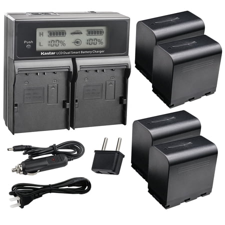 Kastar 4-Pack SSL-JVC70 Battery and AC LCD Dual Fast Charger Compatible with JVC SSL-JVC50, JVC SSL-JVC70, JVC SSL-JVC75, JVC BN-S8I50 Battery and Charger, JVC GY-HM620U, GY-HM650, GY-HM650U Camera