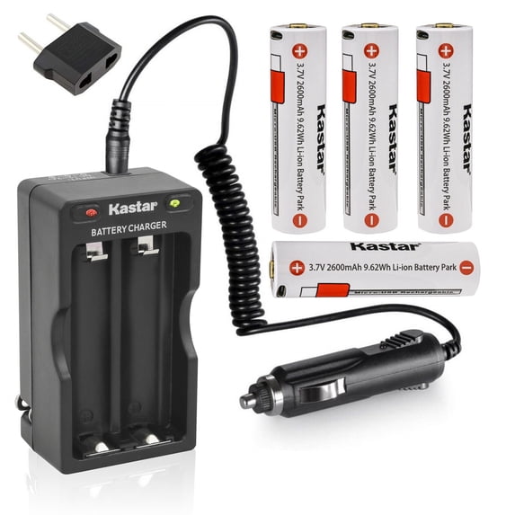 Kastar 4Pack Battery + Travel Charger Replacement for SLB26 Battery, Stinger 2020, ProTac HL 5-X USB, PolyTac 90 X USB, Right Angle Light, PolyTac X USB, ProTac 90 X USB
