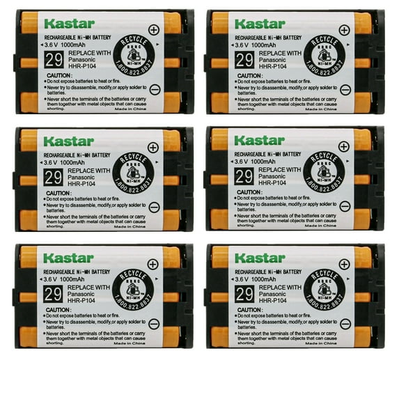 Kastar 6-Pack 3.6v 1000mAh Battery HHR-P104 Replacement for Panasonic KX-TG5480S KX-TG5561M KX-TG5566M KX-TG5571M KX-TG5576M KX-TG5583M KX-TG5621S KX-TG5622M KX-TG5623B KX-TG5631S KX-TG5632M Handset