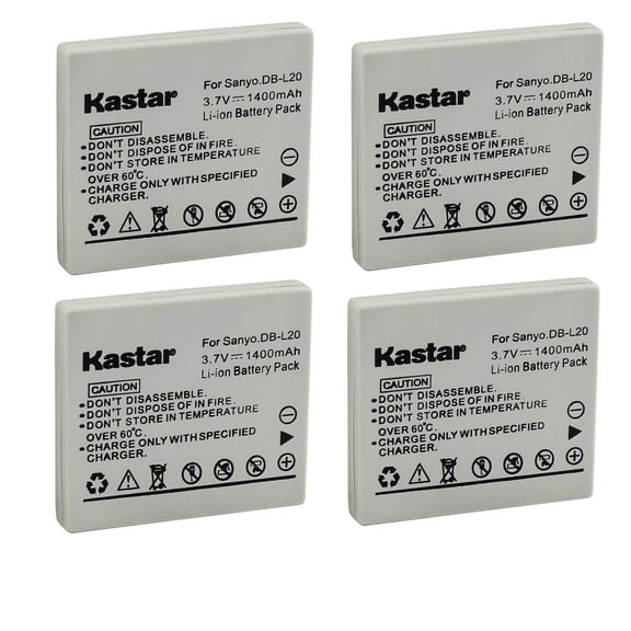 Kastar DB-L20 Battery 4-Pack Replacement for Sanyo DB-L20 DB-L20A DB-L20AU SL20 Battery, Sanyo VAR-L20N VAR-L20NI Charger