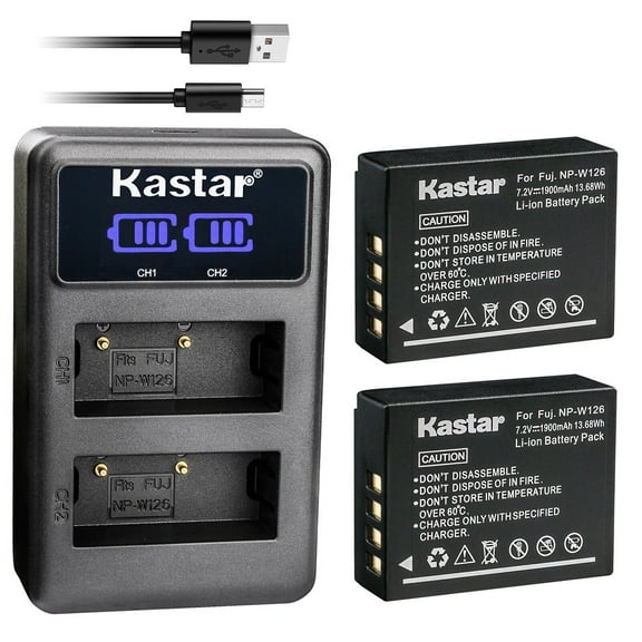 Kastar Dual LCD USB Charger and 2 Pack Battery for Fujifilm NP-W126 NP-W126s BC-W126 and Fujifilm HS30EXR HS33EXR X-A2 X-A3 X-A5 X-A10 X-E1 X-E2 X-E2S X-E3 X-M1 X-T1 X-T2 X-T3 X-T10 X-T20 X-H1 Cameras