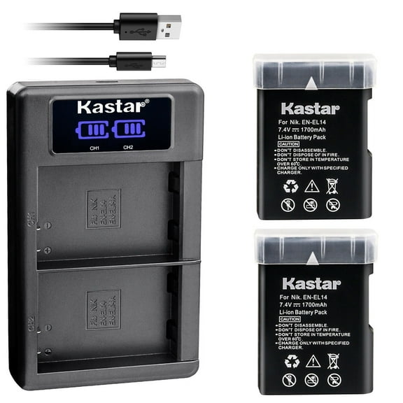 Kastar EN-EL14 2-Pack Battery and LKD2 USB Charger Compatible with Nikon DF D3100 D3200 D3300 D3400 D3500 D5100 D5200 D5300 D5500 D5600 DSLR Camera