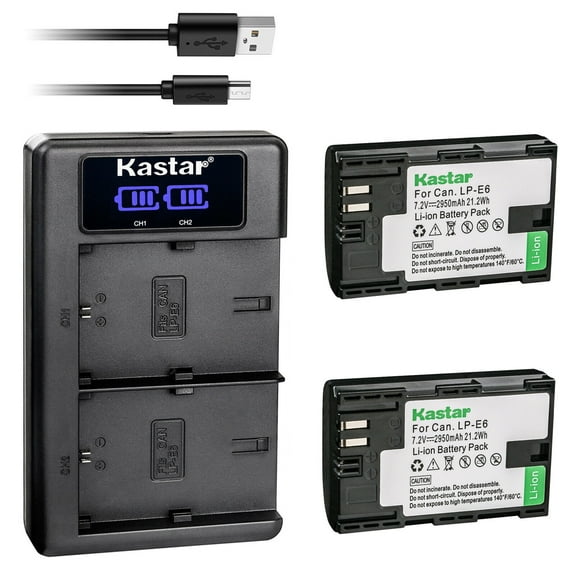 Kastar USB LCD Dual Charger and 2 Pack Battery for Canon LP-E6 LP-E6N, LC-E6 LC-E6E, Canon EOS 5DS, EOS 5DS R, EOS 5D Mark IV, EOS 6D Mark II, EOS 7D Mark II, EOS 60Da, EOS 70D, EOS 80D, XC10, XC15
