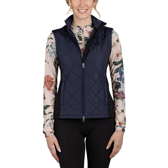 Kastel Denmark Women's Lightweight Sleeveless Quilted Puffer Vest | Full Zip Solid Color with Zipper Pockets and Stand Collar (Navy, X-Large)