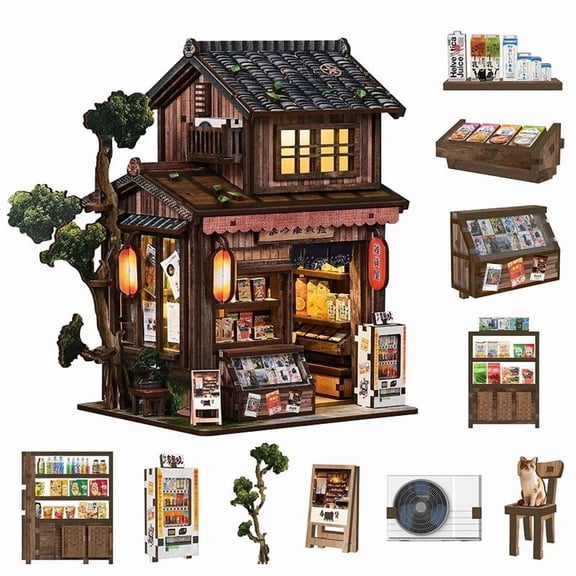 Kasuga Grocery Store - Book Nook Kit with LED Light - DIY Miniature House 3D Wooden Puzzles, Tiny House Building Kit for Bookshelf Decor, Relaxing Gift for Craft Lovers, Home Office Desktop Display