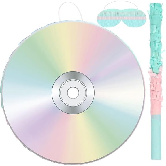 Kasyat CD Shape Piata Retro 90's Party Game Set 2000stheme Piata with Bat Stick Blindfold Mask Y2k Party Decor for 90's Disco Music Theme Birthday Baby Shower Game Supplies Decor (CD Shape)