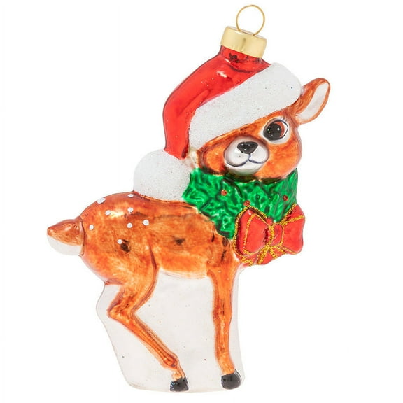 Kat + Annie 5" Jolly Reindeer Calf in Santa Hat Glass Christmas Ornament